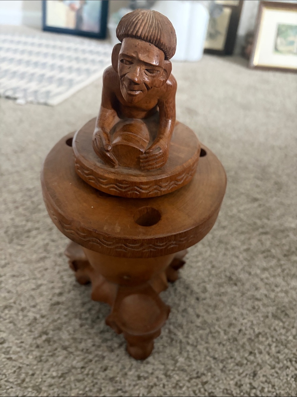 Hand-Carved Brown Wood Tribal Figurine Accent Stool